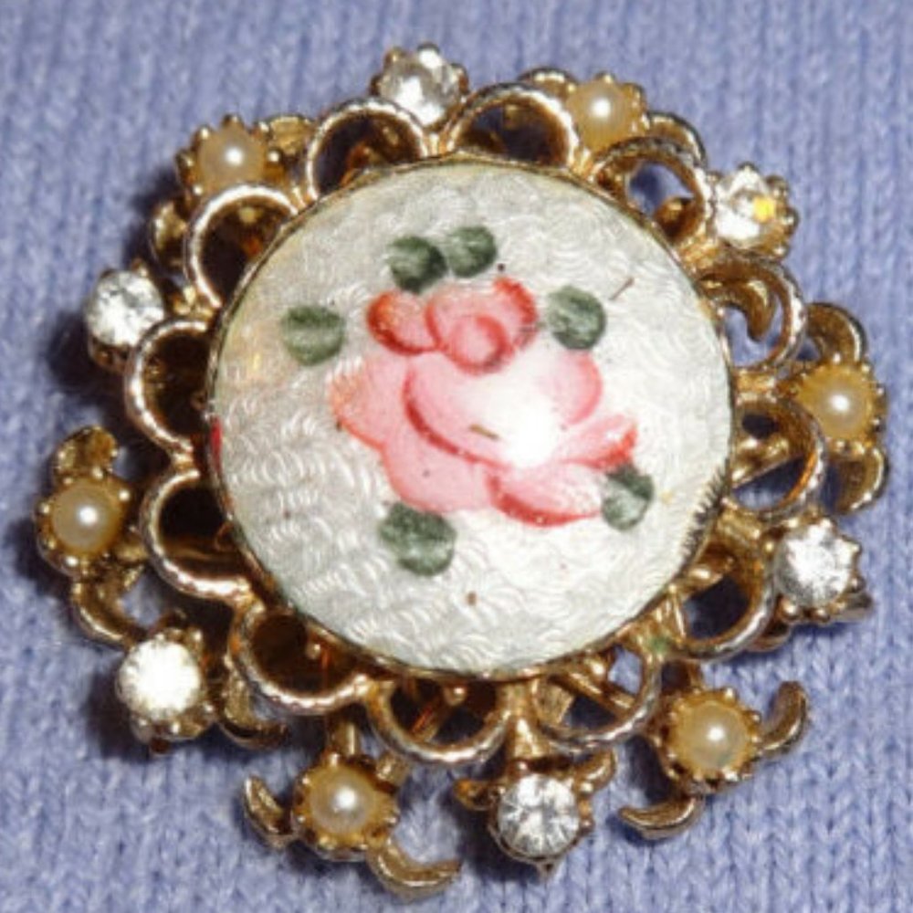 Coro Guilloche Pink Rose Flower Rhinestone Brooch